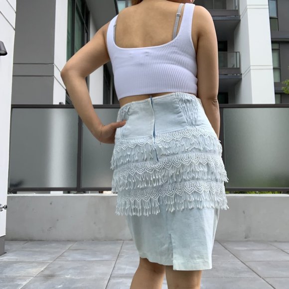 80s Rare Vintage Boho Denim Midi Knee Length Light Blue Jeans Skirt Dangling, M - Picture 2 of 9